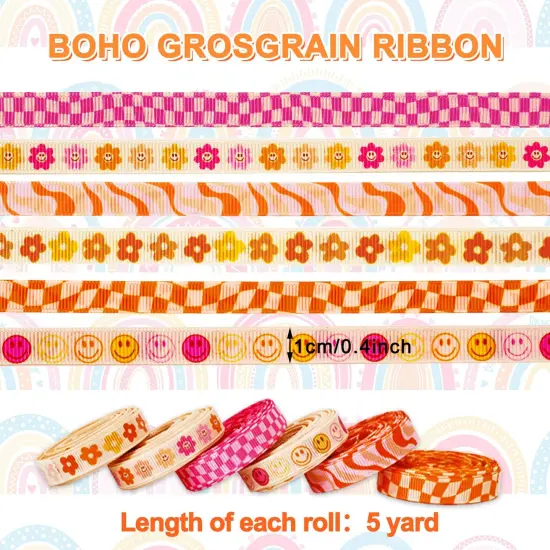 6 Rolls Retro Groovy Ribbon 30 Yards 0.4 Inch Boho Daisy Checkered Face Grosgrain Ribbon Vintage Boho Fabric Craft Ribbon for Wreath Bow Making Gift Wrapping Decor DIY Crafts {1}