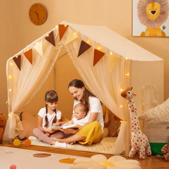 Fabric Large Toddler Playhouse Tent with Door, Curtains, and Windows Beige {4}