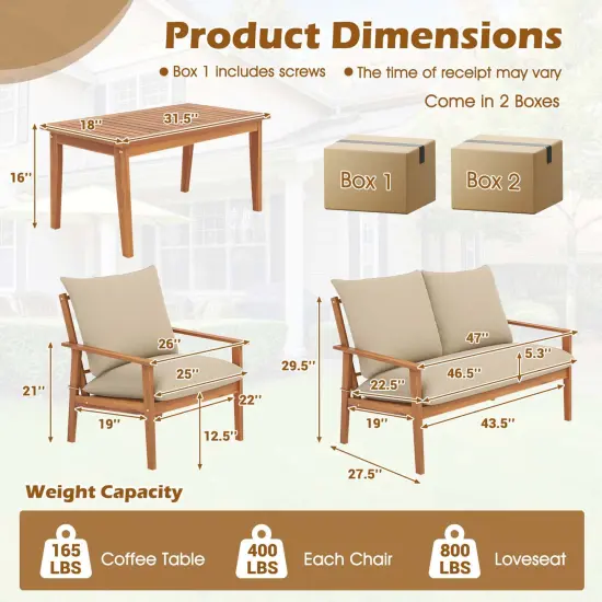 Costway 4 PCS Acacia Wood Patio Furniture Set with Soft Cushions and Coffee Table {3}