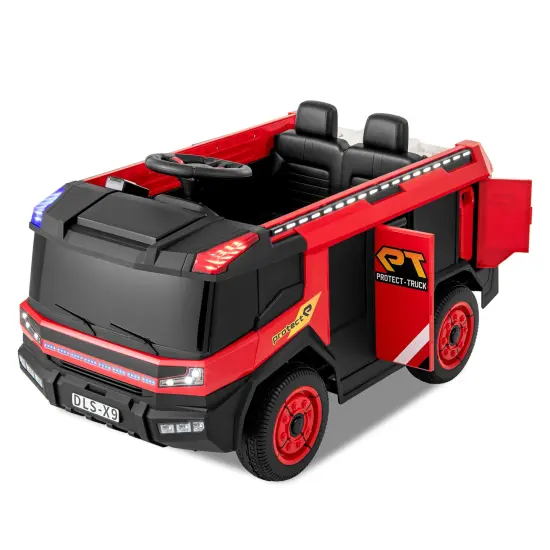 Red 12V Electric Kids Ride-On Fire Truck 2-Seater with Remote Control, Water Gun, and Siren-Red {6}