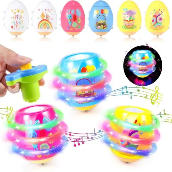 Light Up Easter Eggs Toy Gifts for Kids, 6 Cute Easter Egg Spinning Tops with Flash & Music {1}