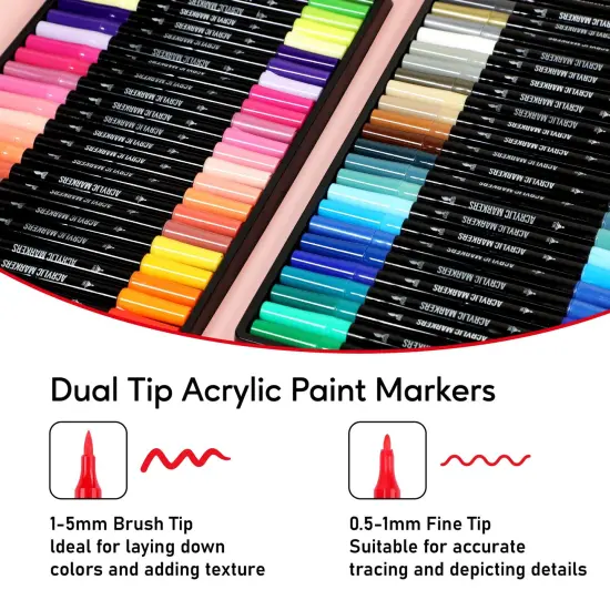 48 Colors Acrylic Paint Markers, Dual Tip with Fine Tip and Brush Tip Pens for Stone, Wood, Calligraphy, Canvas, Ceramic, Metal, Glass, Rock Painting, DIY Crafts {1}