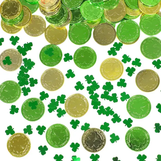 St. Patrick's Day Table Decorations, 120 Pcs Plastic Good Luck Coins and 1 Oz Shamrock Clover Confetti Sprinkles for Irish Party Decoration Favors Supplies {1}