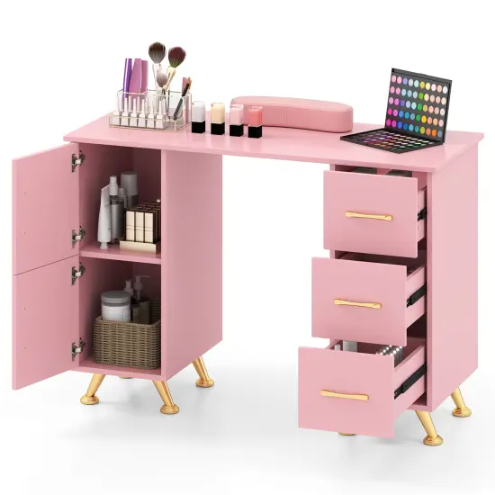 Wooden Manicure Table Nail Desk with Drawers Wrist Rest Pink {4}
