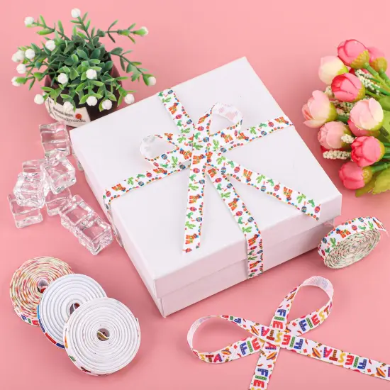 12 Rolls Fiesta Ribbon 3/8 Inch Mexican Serape Grosgrain Ribbons Colorful Stripes Pinata Cactus Guitar Decorative Ribbon for Cinco De Mayo Fiesta Party Mexican Theme Party Events, 60 Yards {4}