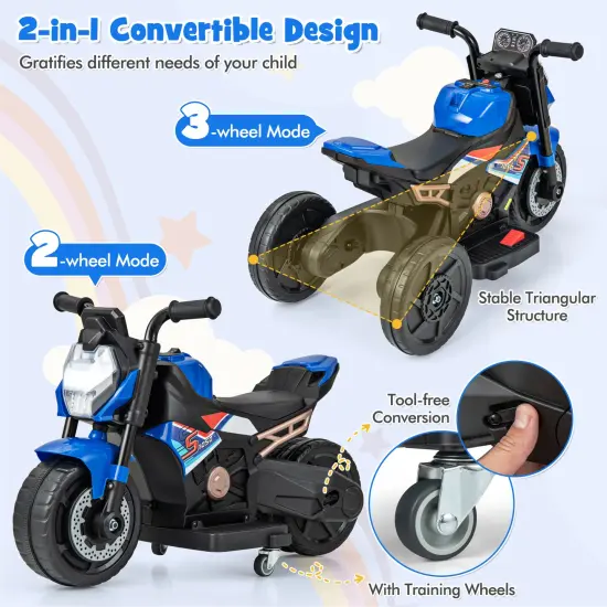 Plastic 6V Kids Ride-on Motorcycle with Battery Power and Detachable Training Wheels Blue {5}