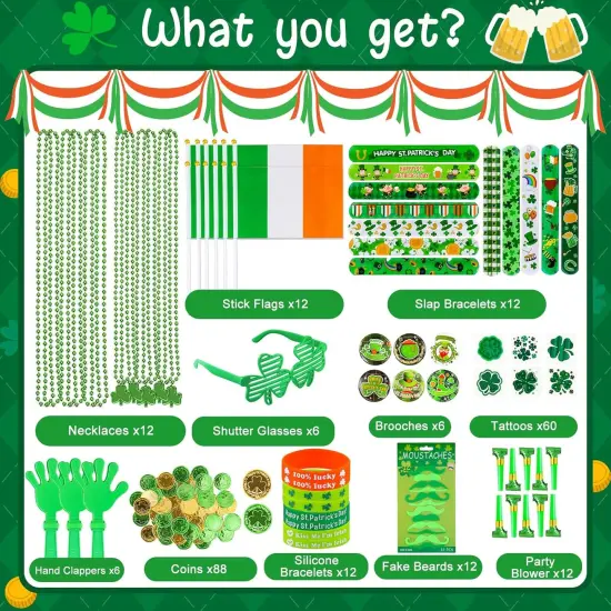 238 PCS St Patricks Day Decorations Set Glasses Bracelets Coins Necklaces Flags Tattoos Brooches Fake Beards Party Blowers Hand Clappers Saint Patricks Day Party Favors Accessories Supplies {2}