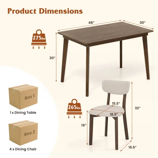 5-Piece Dining Table Set for 4 with Rubber Wood Frame and Padded Set-Brown {4}