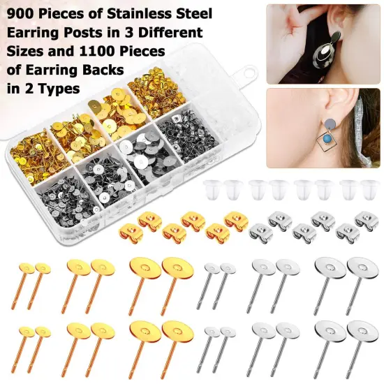 Earring Posts and Backs, Caffox 2000pcs Stud Earring Making Kit with Earring Base and Earring Backs for Leather Stud, Clay, Pearl Jewelry Making (Gold & Silver) {4}