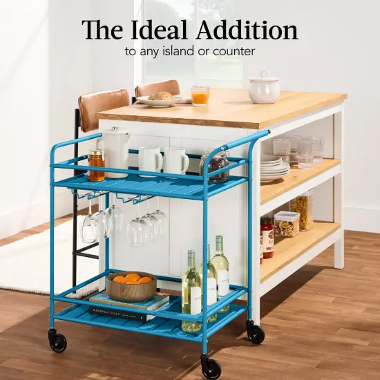 Best Choice Products 2-Tier Rolling Bar Cart Indoor/Outdoor w/ Storage Shelves, Wine Rack, Lockable Wheels Peacock {6}