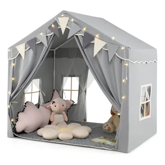 Kids Large Play Tent House with 2 Opening Door and Star Lighting Perfect for Gift Grey {4}
