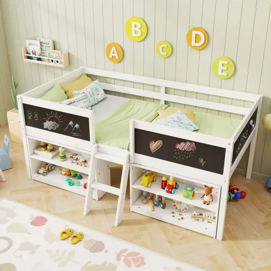 Twin Loft Bed with Chalkboards, Bookcases, Storage Shelf, Guardrails, and Sturdy Wood Construction White {5}