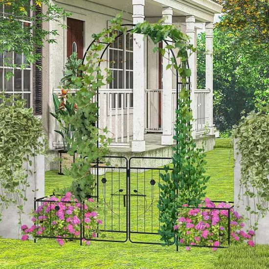 87 Inches Black Garden Arbor with 2 Side Planters and 2 Lockable Door Gate Perfect for Any Decoration {2}
