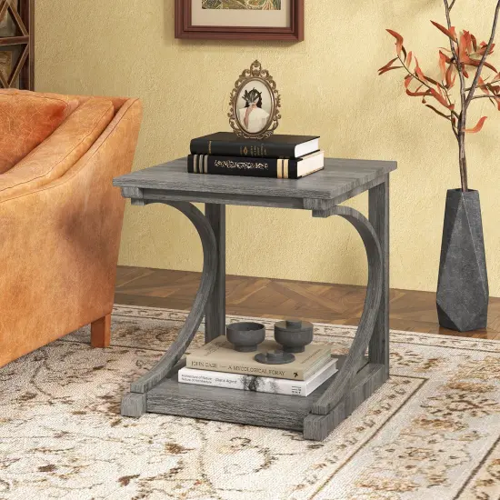 Black Metal Wood 24 Inch C-Shaped 2-Tier Square End Table Sofa Side Table - Grey {3}