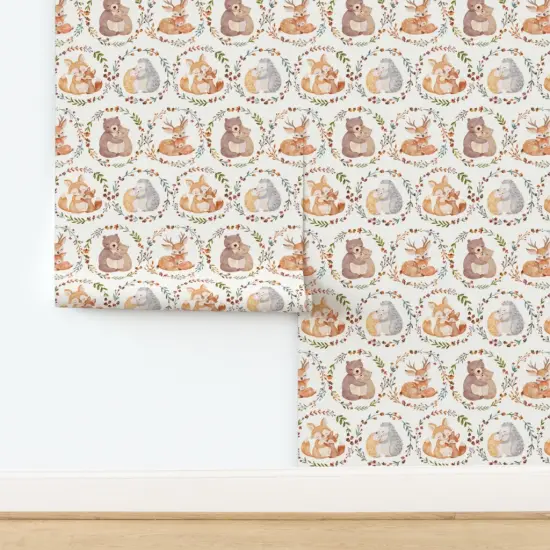 Peel & Stick Wallpaper 2FT Wide Watercolor Woodland Baby Animals Whimsical Fun Cute Happy Cheerful Neutral Beige Cream Fox Bear Deer Custom Removable Wallpaper by Spoonflower {2}