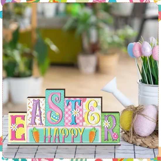 Easter Decorations Pastel Spring Table Decor Reversible Happy Easter Wooden Sign Farmhouse Hello Spring Tabletop Centerpiece for Home Tiered Tray Shelf Office Desk Mantel Rustic Decor {4}