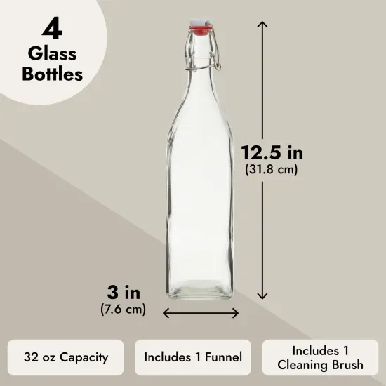4 Pack Square Flip Top Glass Bottle 32 oz with Cleaning Brush and Silicone Funnel, Swing Top Bottles for Homemade Brew, Drinks, Arts and Crafts Clear {3}