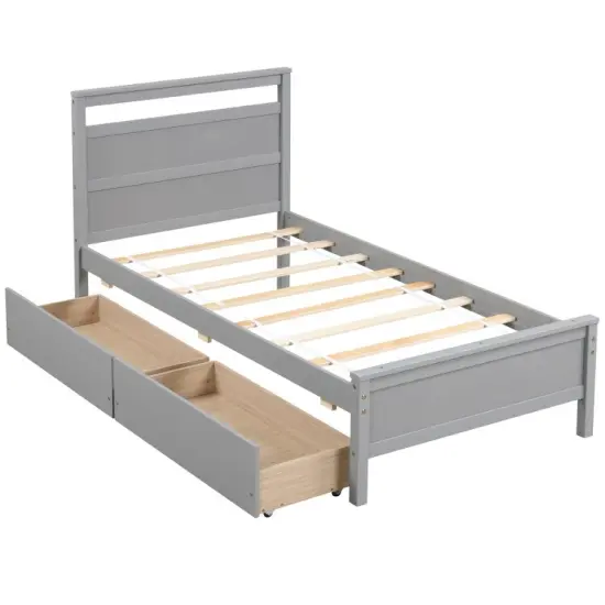 Wooden Twin Bed Frame with Storage Drawers Chic Headboard and Footboard Grey {8}