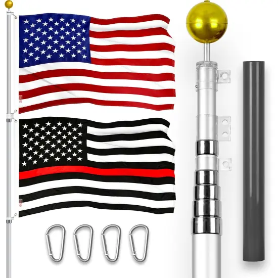 G128 Combo Pack: 20 Ft Telescoping Aluminum Flagpole (Silver) & American and Thin Red Line Flags 3x5 Ft, Both ToughWeave Series Embroidered Polyester | Pole with Flags Included {1}