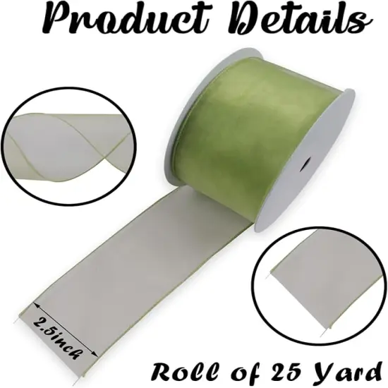 Green Organza Ribbon Spring Easter Wired Ribbon for Wreath Bows Crafts Gift Wrapping Green Chiffon Ribbon for Home Birthday Party Wedding St Patricks Day Easter Spring Decor 2.5" X 25 Yard {2}