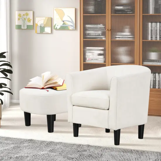 Upholstered Teddy Velvet Club Barrel Chair with Ottoman with Footrest-Beige {3}