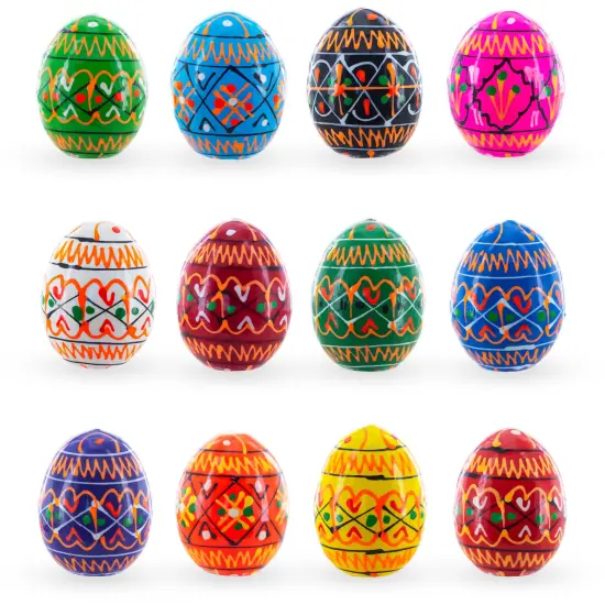 Set of 12 Mini Geometric Ukrainian Pysanky Wooden Easter Eggs 1.6 Inches {1}