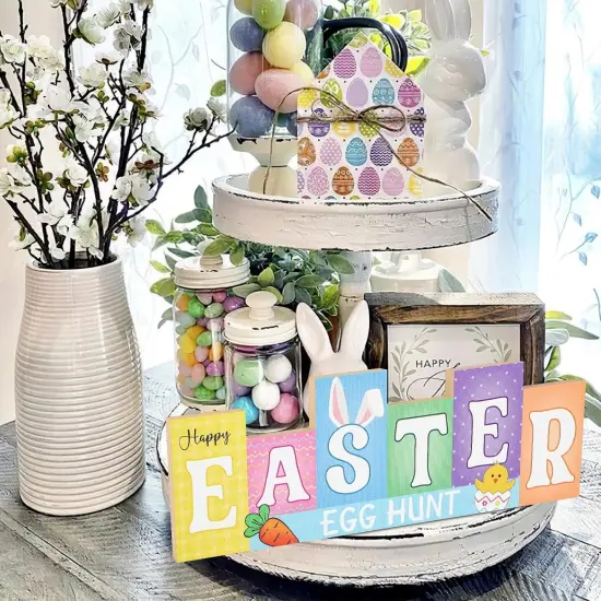 Easter Decorations Wooden Table Sign Spring Decorations Reversible Tabletop Decor Rustic Double-sided {5}