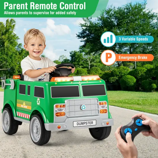 Green Plastic 12V Battery-Powered Electric Vehicle with Remote Control & Trash Bin {2}