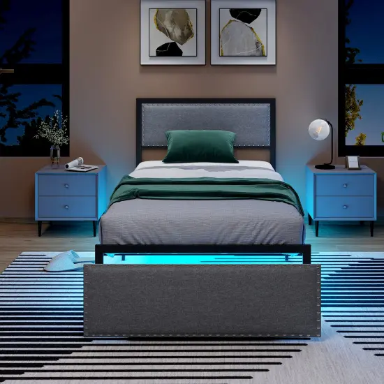 Grey Metal Slats Platform Bed Frame with LED Lights and Drawer {2}