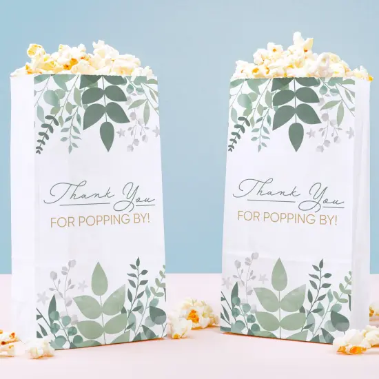 Big Dot of Happiness Boho Botanical Popcorn Bags, Greenery Bridal Shower Favor Snack Treats, Free-Standing Individual White Paper Bags - 25 Count {1}