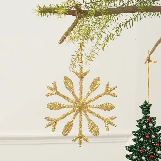 Bead Wrapped Snowflake Ornament - Gold - 6" x 0.25" x 6" {1}