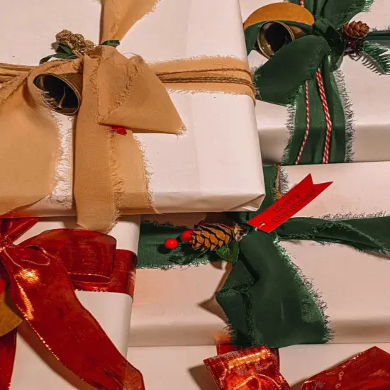 Christmas Chiffon Ribbon Handmade Frayed Fringe Sheer Boho Silk Ribbons for Gift Wrapping, Floral, Wedding Invitations, Bouquet, 1-1/2'' 5 Yards*4 Rolls {6}