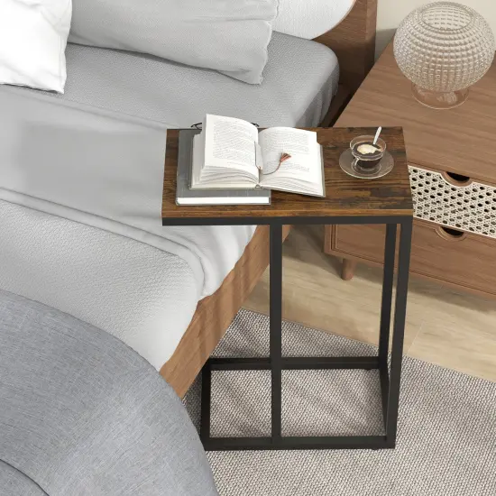 Black Metal C-Shaped Side Table with Sturdy Frame and Space-Saving Design Rustic Brown {6}