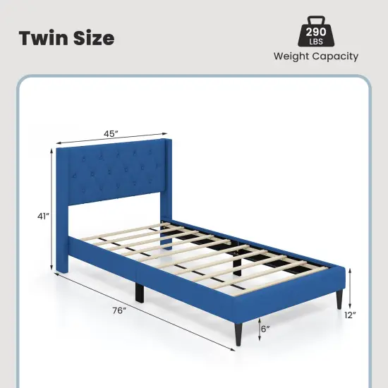 Twin Size Upholstered Platform Bed with Button Tufted Wingback Headboard and Adjustable Foot Pads Blue {4}