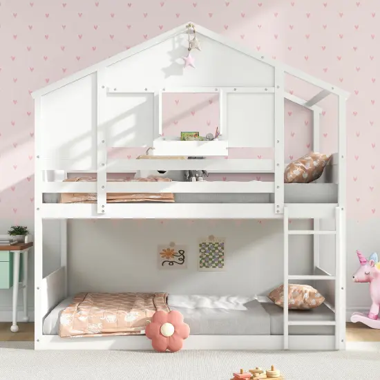 Twin Over Twin Bunk Bed for Kids with Roof and Lockable Window-White {5}