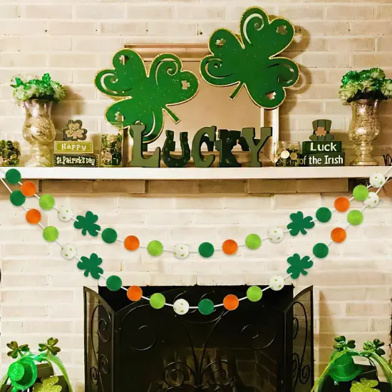 2 Pcs St Patrick's Day Felt Ball Garlands with Shamrock - St. Patrick's Day Decorations - Green Dark Green White Orange Pom Pom Garlands for Home Tree- Irish Party Home Fireplace Mantle Hanging Decor {4}