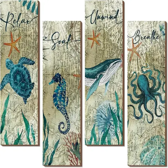 4 Pieces Summer Beach Bathroom Decor Wall Sign Ocean Decor Sea Turtle Wall Art {1}