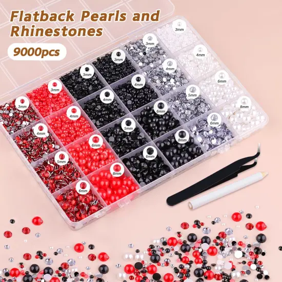 9000PCS Flatback Pearls and Rhinestones for Crafting, Red White Black Mixed Size 3-10mm Resin Rhinestones and Half Pearls for Bedazzling, Nail Art and Decoration with Tweezer and Pickup Pencil {4}