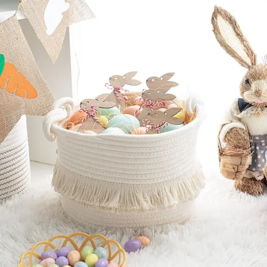 Small Woven Storage Baskets Cotton Rope Decorative Hamper for Diaper, Blankets, Magazine and Keys, Cute Tassel Nursery Decor - Home Storage Container &ndash; 9.5'' x 7'' Off-white {4}