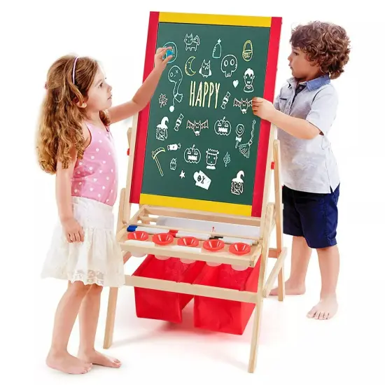 Kids Art Stand Wood Whiteboard Chalkboard w/ Paper Roll &Full Set of Accessories {1}