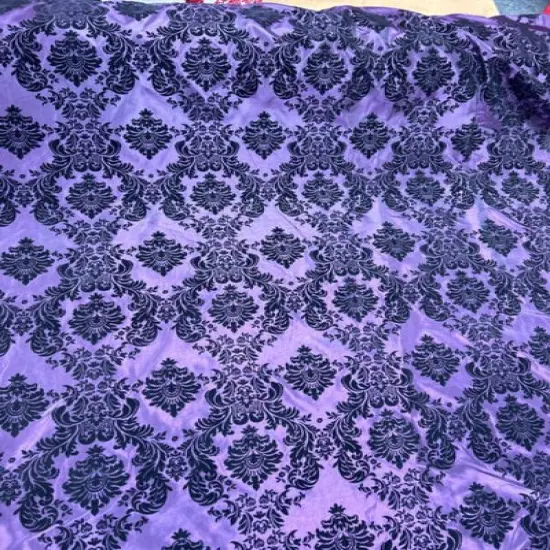 1 Yard Damask Flocking Taffeta Fabric 58" Wide Elegant Velvet Design for Weddings & Decor Purple/Black {1}