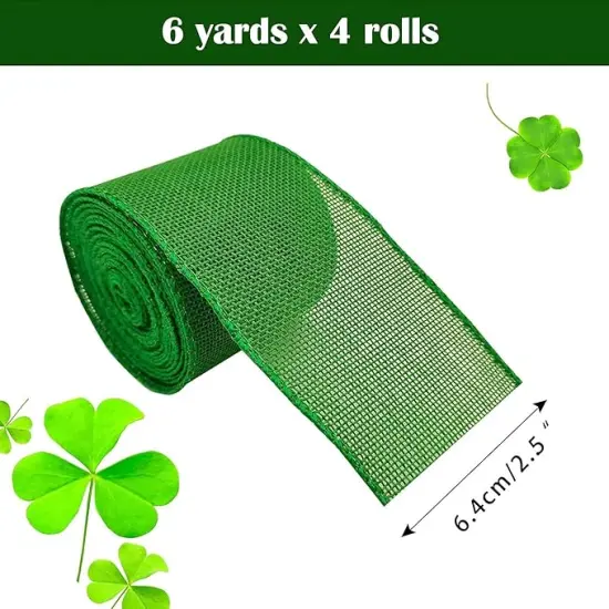 4 Rolls Shamrock Wired Edge Ribbon - 2.5''&times;24 Yard St Patrick's Day Green Wired Ribbon, Burlap Plaid Shamrock Fabric Craft Irish Ribbon for Gift Wrapping, Wedding Birthday Crafts Decorations {3}