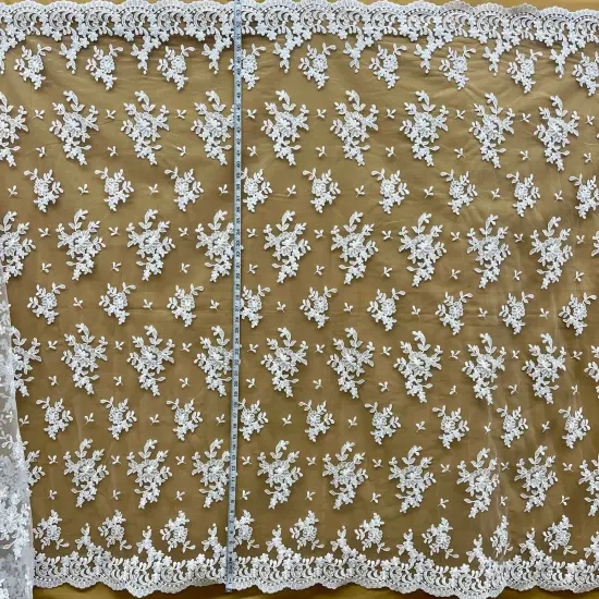 1 Yard Corded Bridal Lace Fabric Embroidered on 100% Polyester Net Mesh 53" Width Ivory {3}