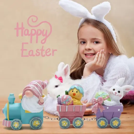 8.75" Easter Day Gnomes Train Decorations, Spring Bunny Handmade Train Figurines for Easter Decor Gift - Easter Party Table top Figurines (Multicolor) {5}
