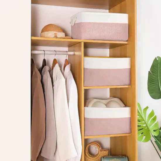 Storage Bins with Sturdy Cotton Handles(1 Pack), Fabric Storage Baskets for Organizing use for Office & Home, Book, Clothes, Toys, Closet Boxes (Small, Pink-White, 12.2x8.3x6.3 inches) {4}