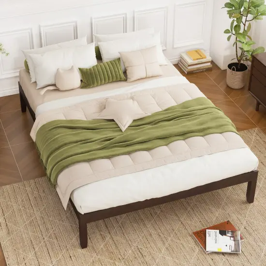 Queen Size Platform Bed Frame with Slats Support and Rubber Wood Legs Espresso {2}
