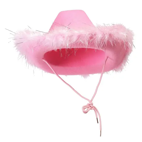 Cowboy Hats for Women and Men - Fluffy, Sparkly Pink Cowgirl Hat with Feathers for Costume, Dress Up Birthday, Party {7}