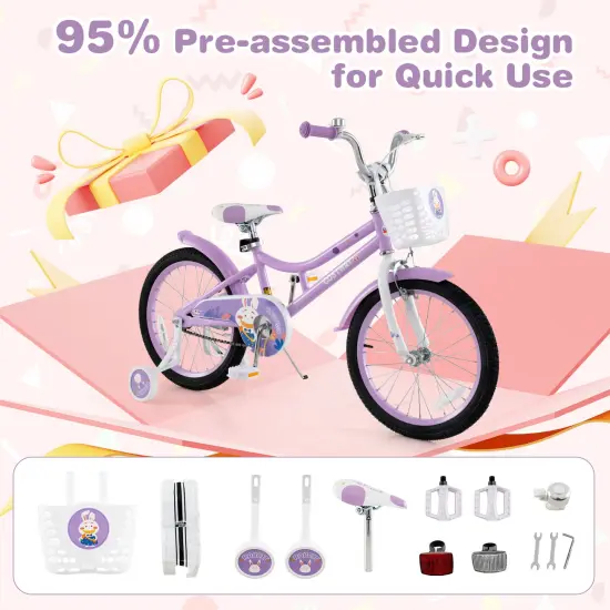 18 Inch Pink Girl Bike with Basket, Detachable Training Wheels for Kids 4-8 Years Old {5}