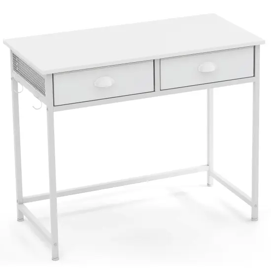 Space Saving Home Office Desk with 2 Fabric Drawers and 4 Hanging Hooks White {1}
