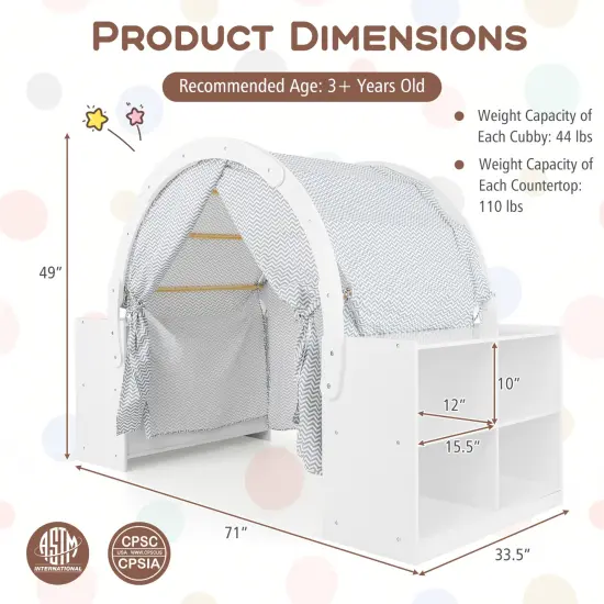 Wooden Kids Play Tent with Curtain Shades and 8 Cubbies-White {5}